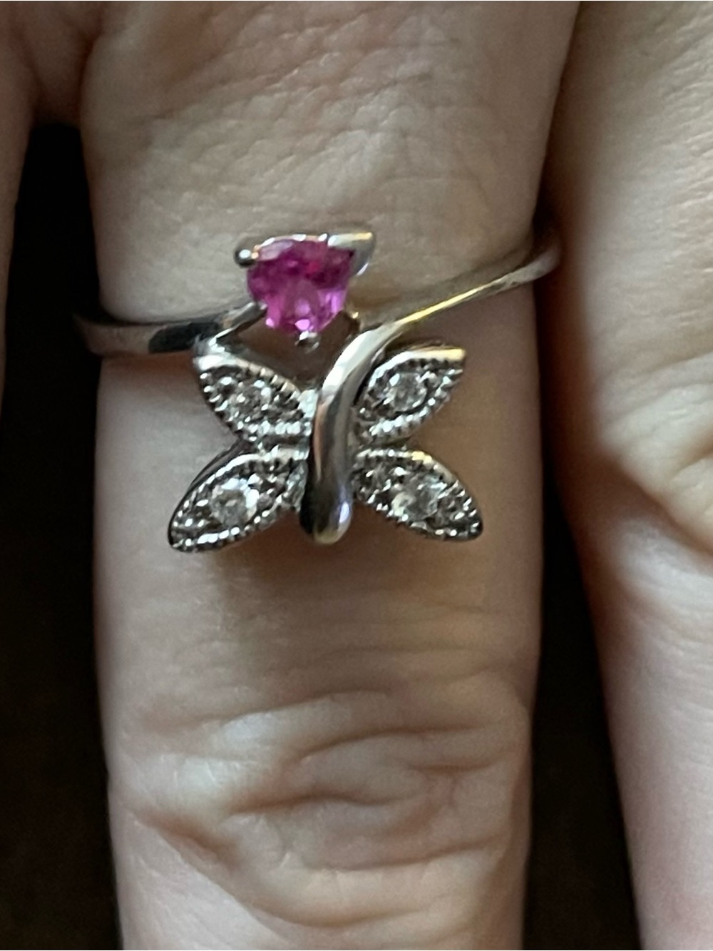 Sterling Silver 925 Pink Ruby and Cubic Zirconia Butterfly Ring Size 7